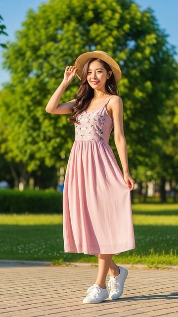 ai generated, woman, pink dress, summer, straw hat, fashion, lifestyle, outdoor, park, sunlight, smiling, nature, happy, feminine, white sneakers, vacation, seasonal, beauty, floral embroidery, casual outfit