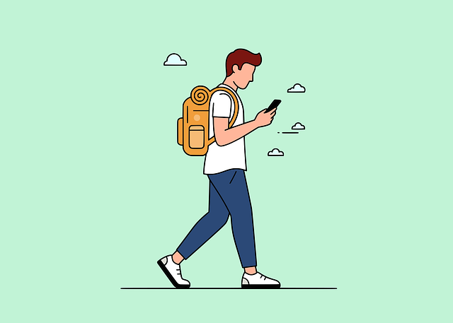 backpacking, traveler, tourist, phone, mobile, technology, walking, journey, adventure, exploration, outdoors, backpack, map, navigation, nature, man, cartoon, character, hiking, vacation